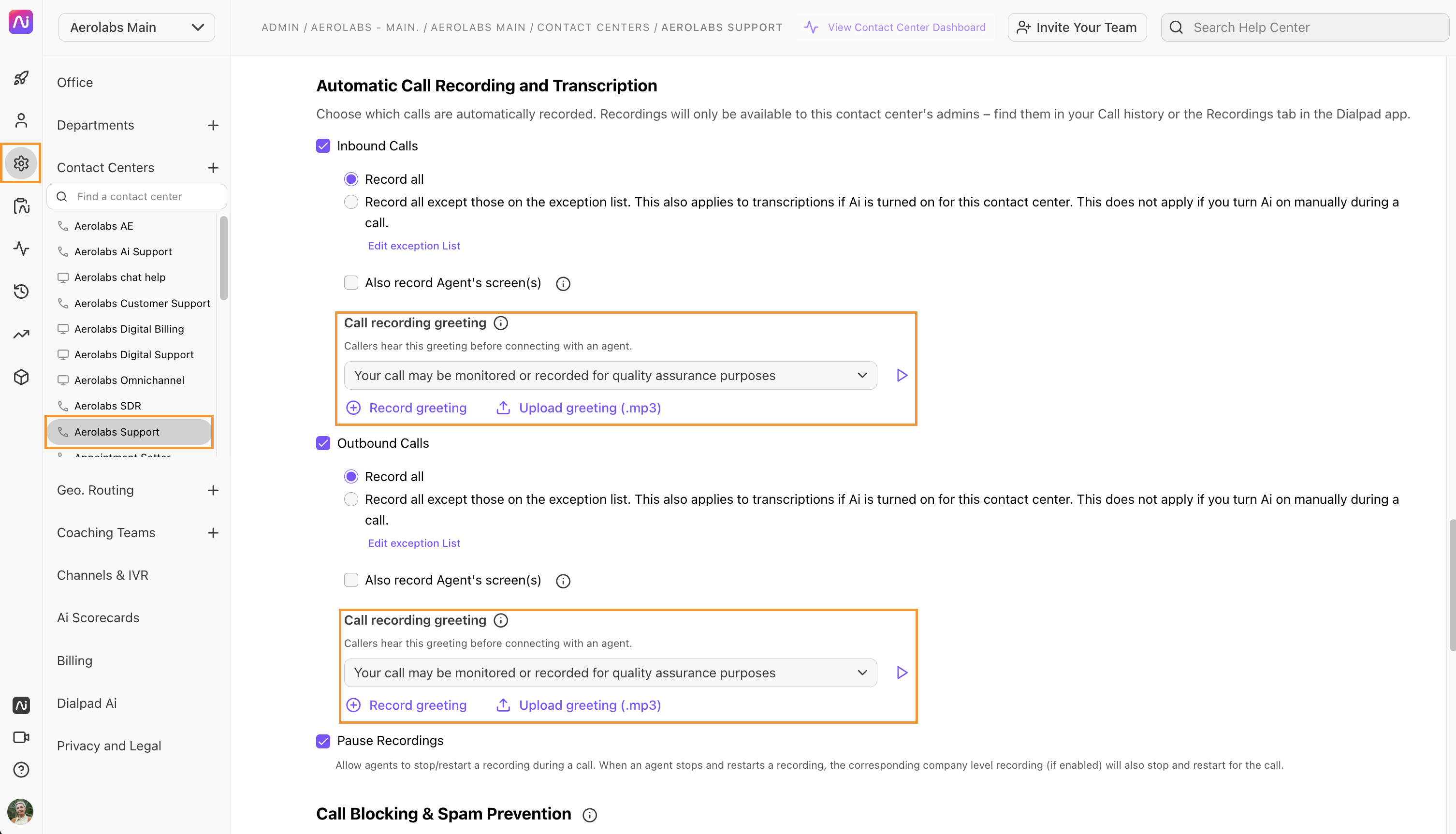 Settings for adding a greeting message when setting up automatic call recording and transcription in contact center.